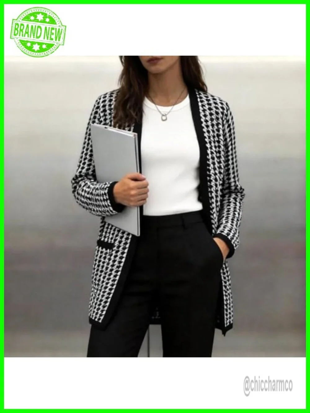 Longline Open-Front Houndstooth Cardigan, Polyester Blend Knit, Casual Long